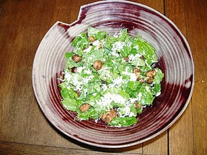 Raw Mustard Greens Salad with Gruyere & Anchovy Croutons